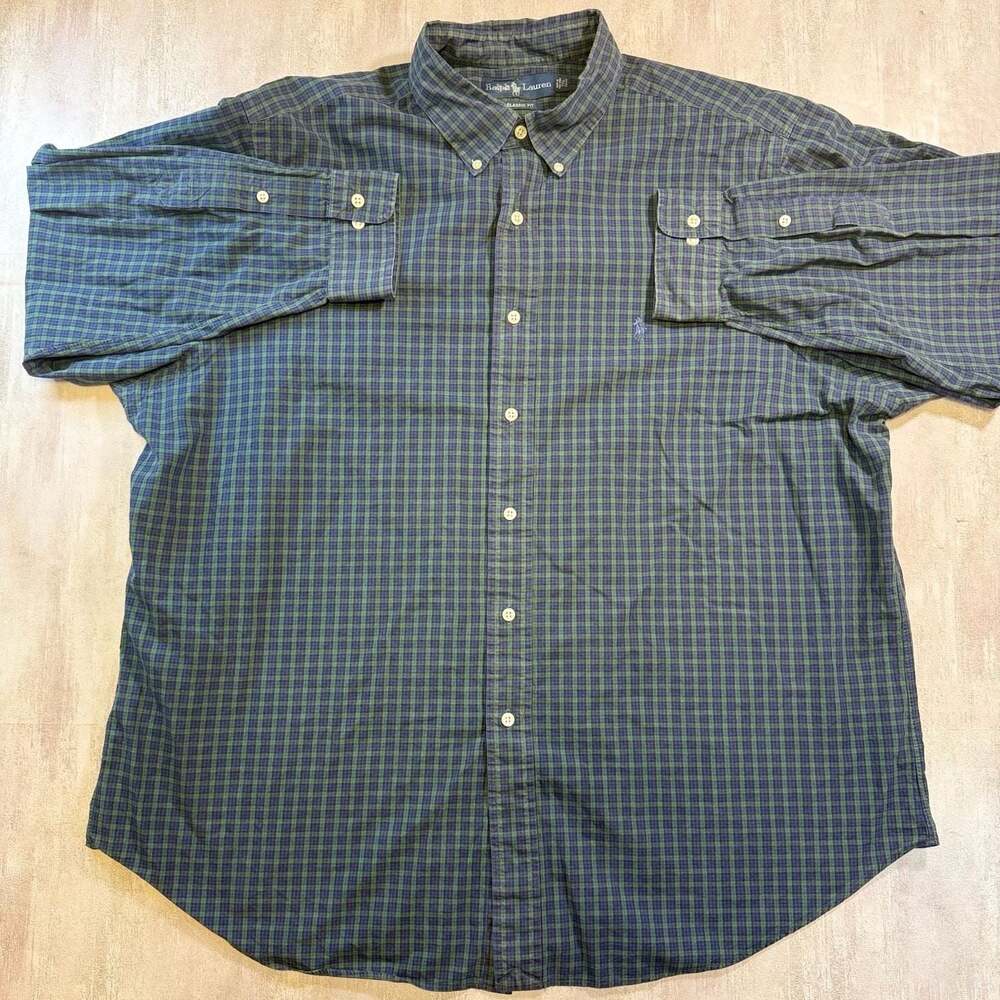 Ralph Lauren Classic Fit Button Down Shirt Green Navy‎ Plaid 17 1/2 32/33